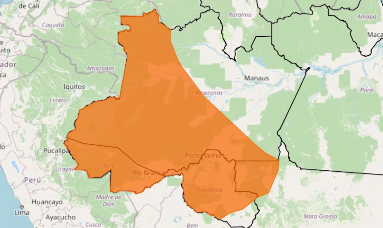 Trata-se de um alerta laranja para chuvas intensas e ventos fortes nas regiões Norte e Centro-Oeste