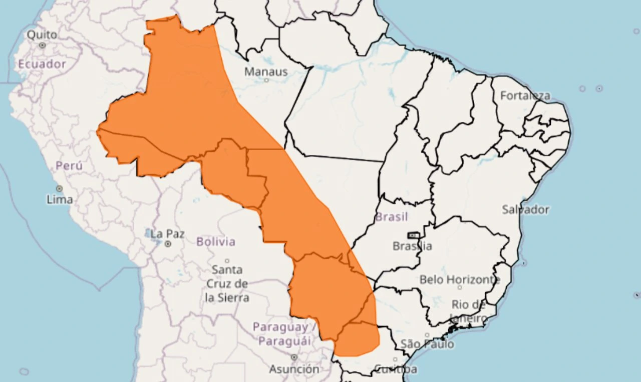 Trata-se de um alerta laranja para chuvas intensas e ventania nas regiões Norte, Nordeste, Sudeste e Sul