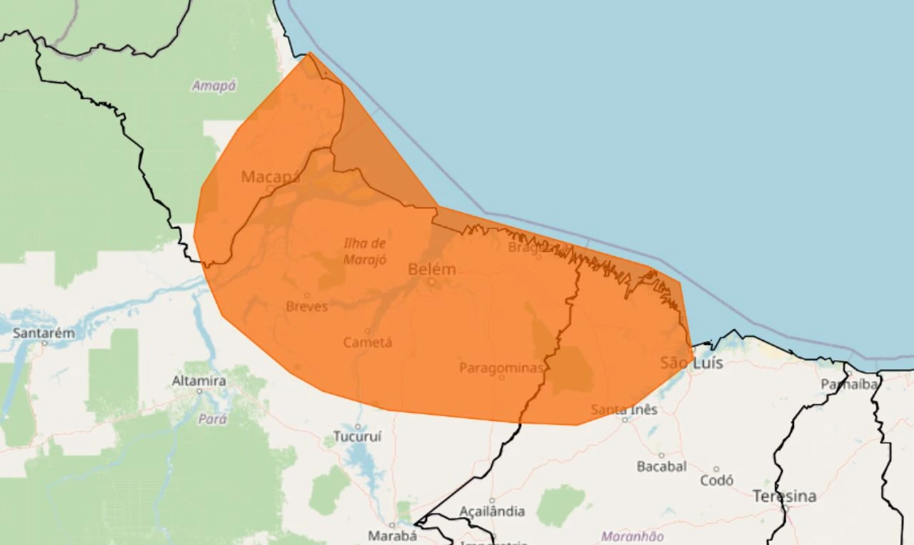Trata-se de um alerta laranja para chuva intensa, ventania e risco de alagamento em partes do Norte e Nordeste