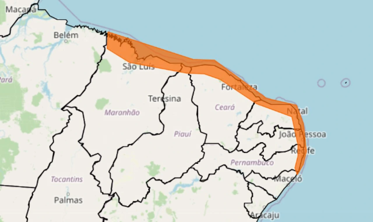 Trata-se de um alerta laranja para chuva intensa, ventania e raios no nordeste