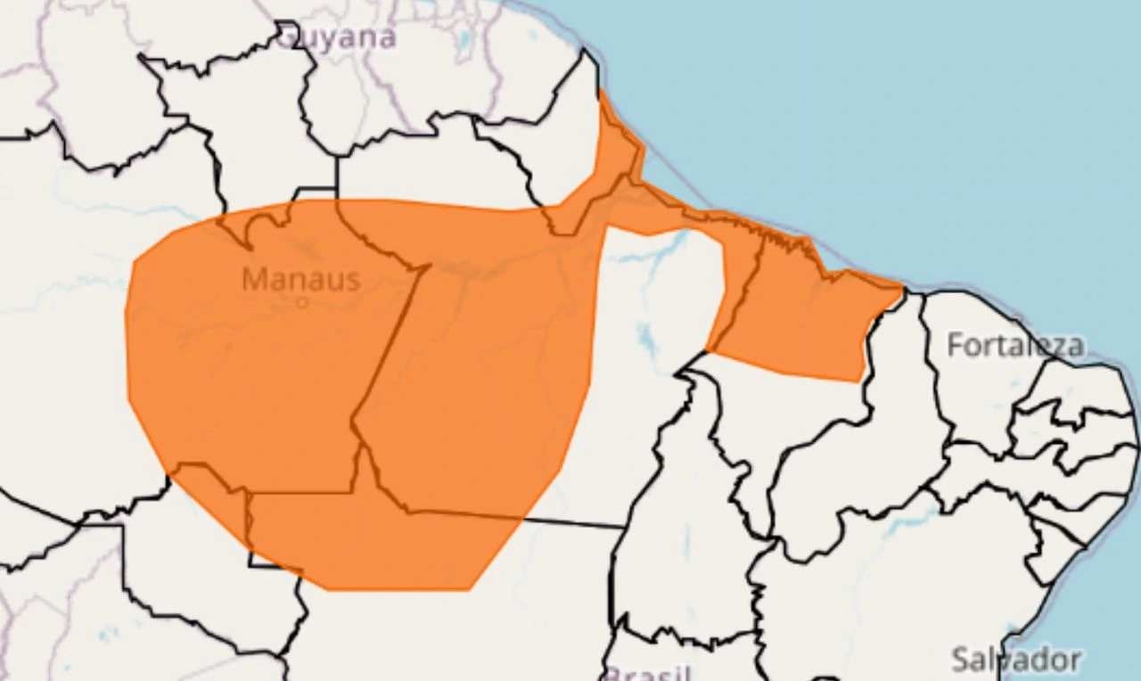 Trata-se de um alerta laranja para chuva intensa, ventania e risco de alagamento nas regiões Norte, Nordeste e Centro-Oeste