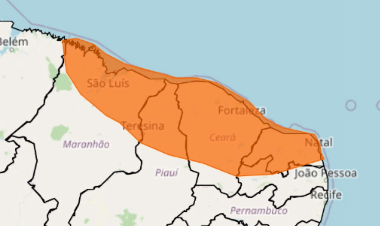 Trata-se de um alerta laranja para chuva intensa, ventania e risco de raios em partes do Norte e Nordeste
