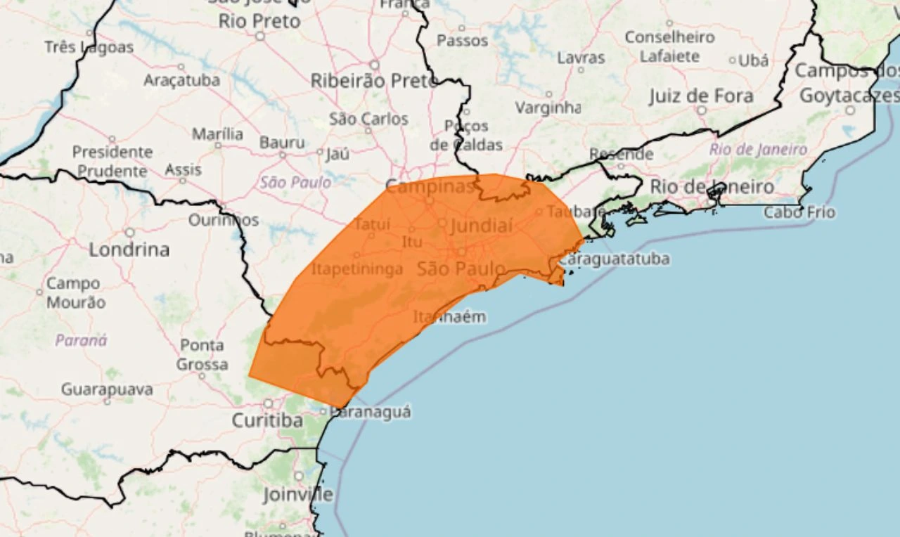 Trata-se de um alerta laranja para chuvas intensas, ventania e alagamentos em parte do Sul e Sudeste