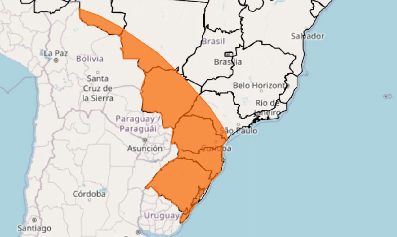 Trata-se de um alerta laranja para declínio de temperatura em partes das regiões Norte, Centro-Oeste, Sudeste e Sul