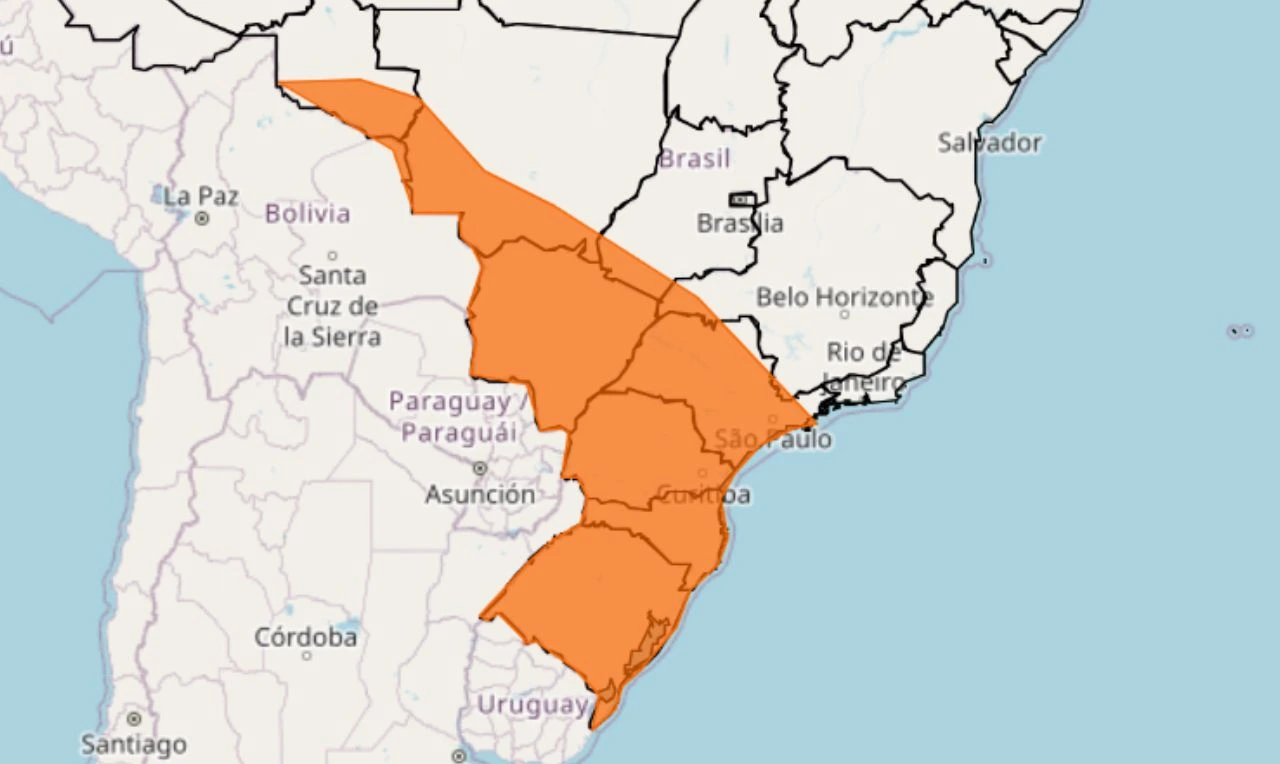 Trata-se de um alerta laranja para queda de temperatura em partes do Norte, Centro-Oeste, Sudeste e Sul