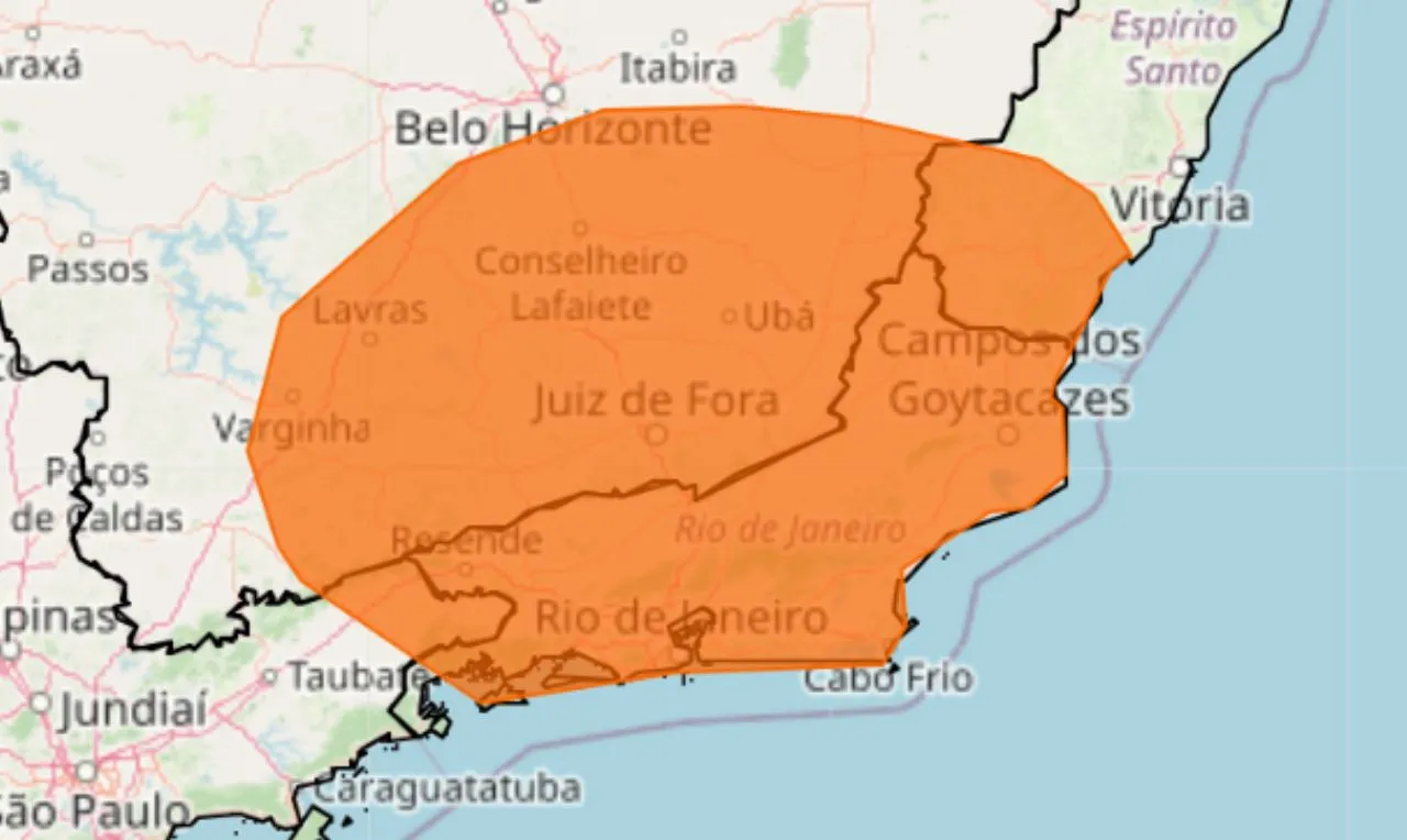 A imagem mostra um alerta laranja para tempestade, ventania e granizo em parte da região sudeste