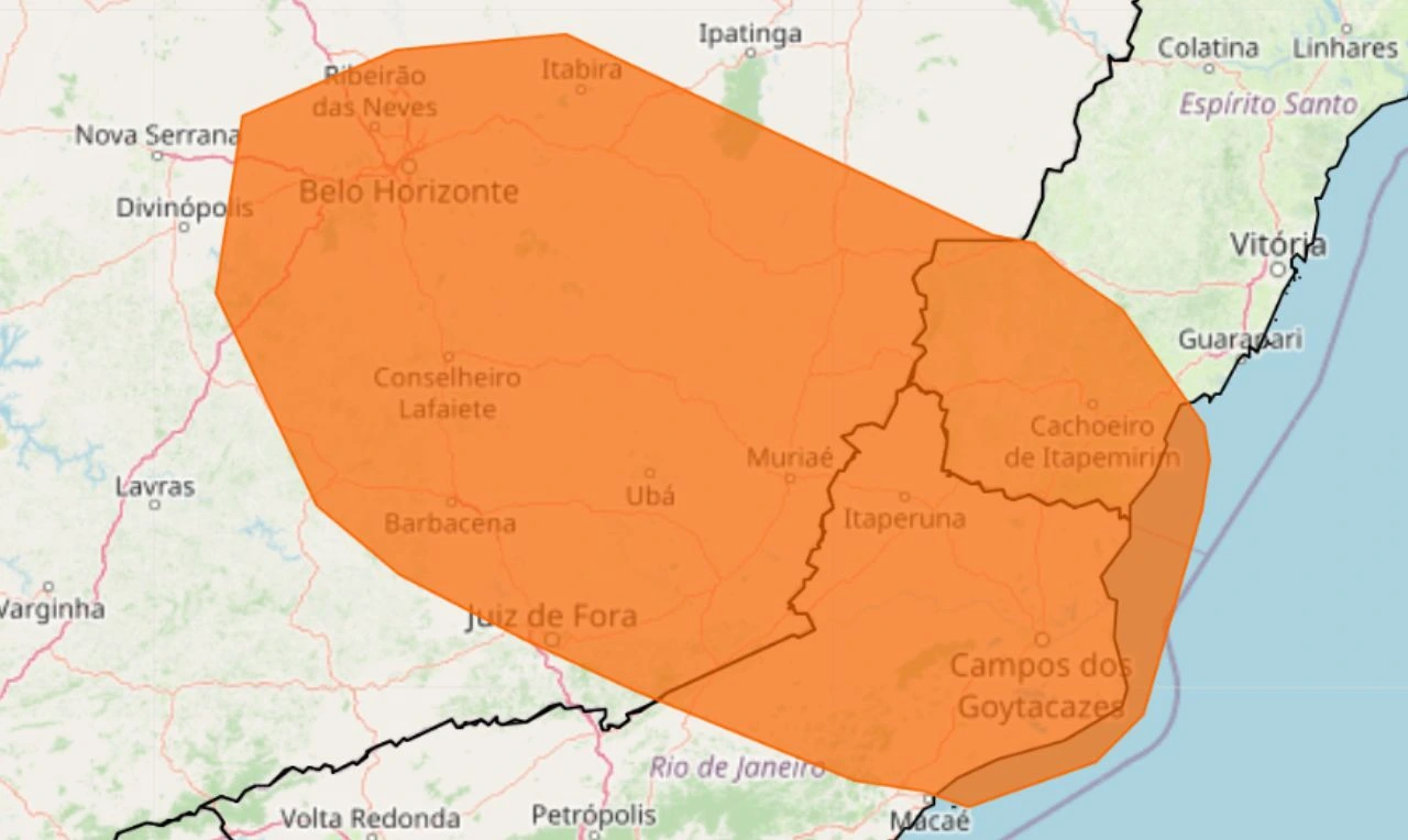 A imagem mostra um alerta laranja para tempestade, ventania e granizo em parte do sudeste do país