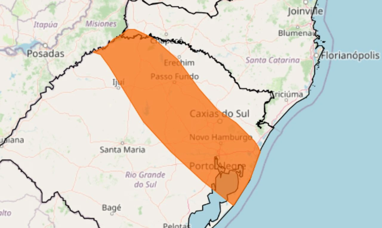 Trata-se de um alerta laranja para tempestade, ventania e granizo em parte da região sul