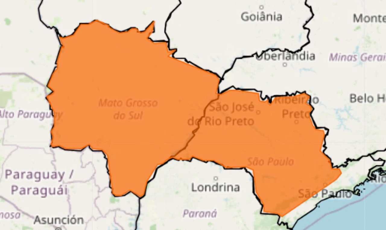 Trata-se de um alerta laranja para tempestade, ventania e granizo nas regiões Centro-Oeste, Sudeste e Sul