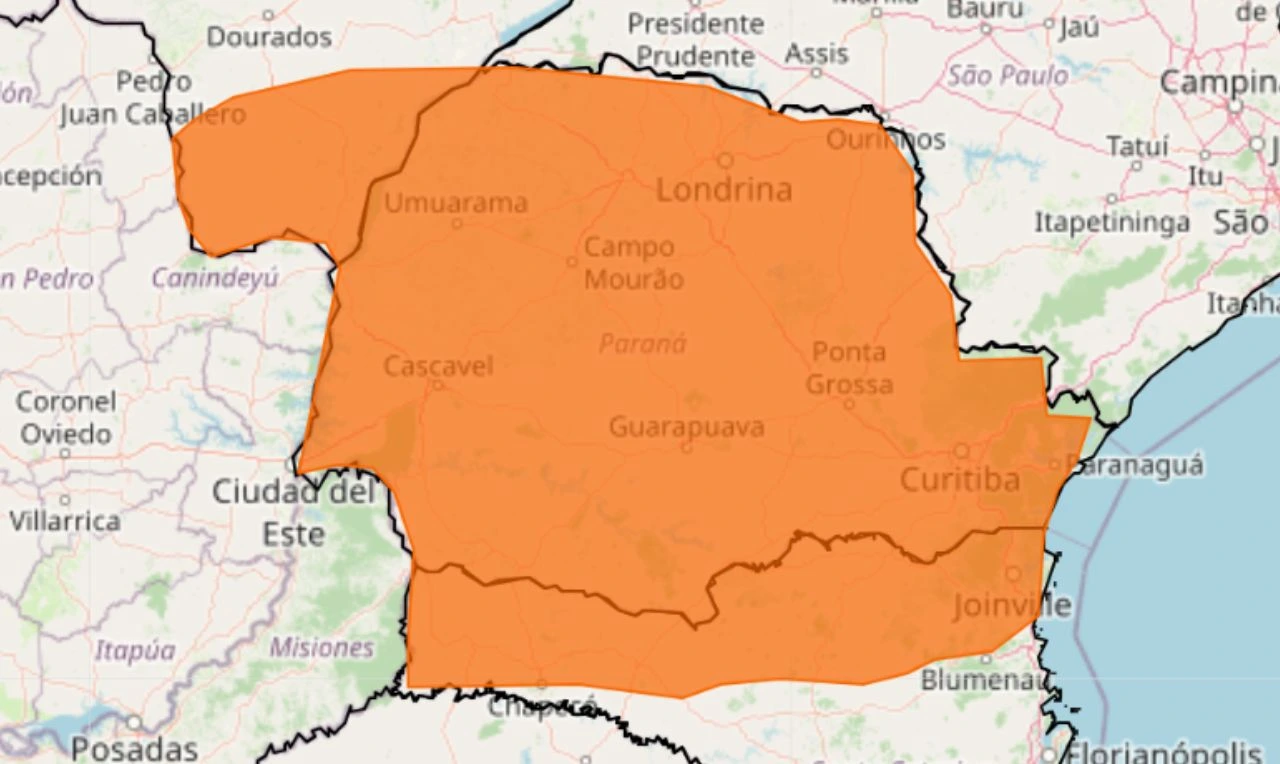 Trata-se de um alerta laranja para tempestade, ventania e granizo em partes do Sudeste, Centro-Oeste e Sul