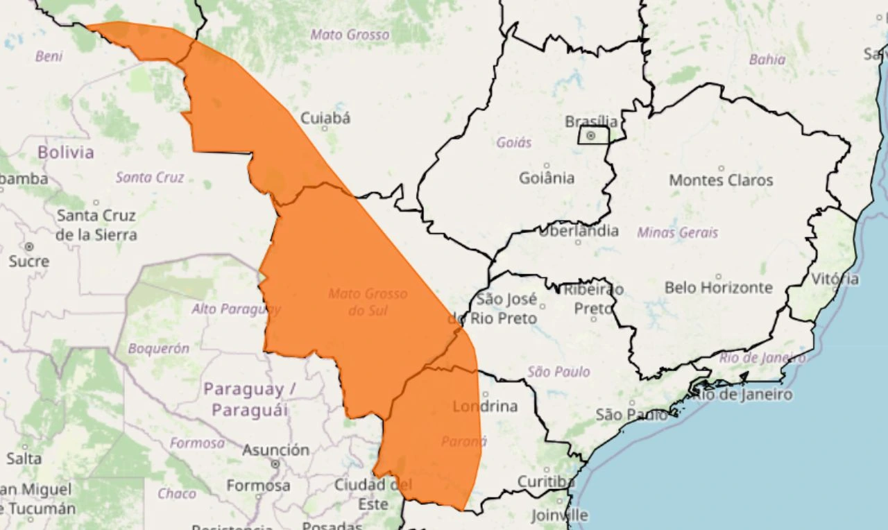 Trata-se de um alerta laranja para tempestade, ventania e queda de granizo em parte das regiões Norte, Nordeste, Sudeste e Sul