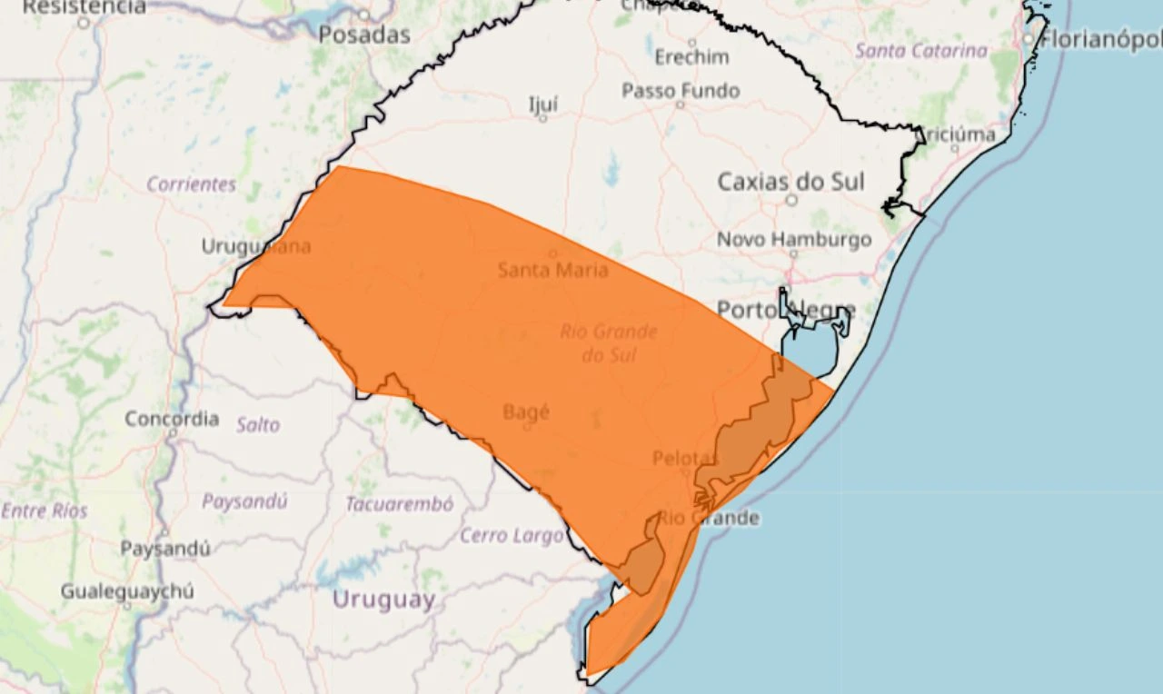 Trata-se de um alerta laranja para tempestade, ventania e granizo no Rio Grande do Sul