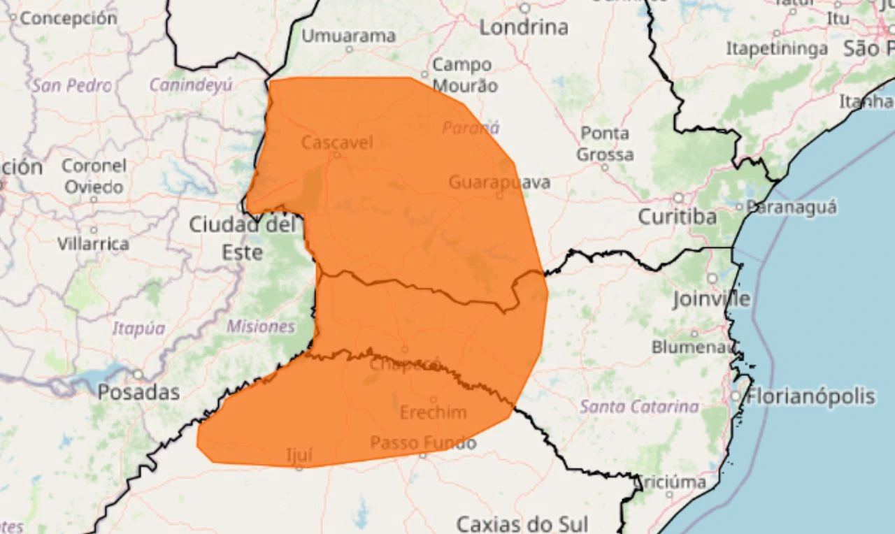 Trata-se de um alerta laranja para chuvas intensas, ventania e granizo em parte da região Sul