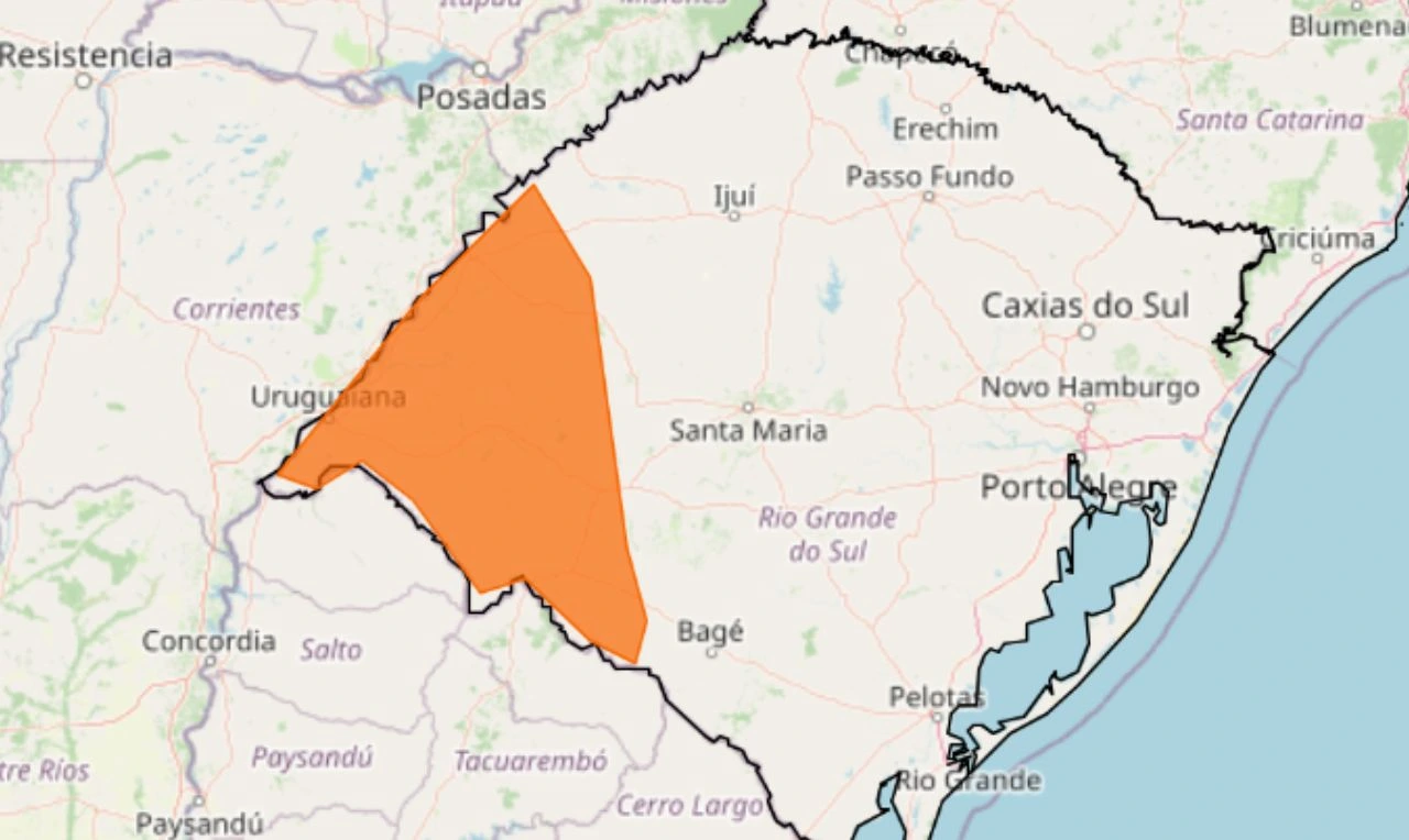 Trata-se de um alerta laranja para tempestade, ventania e granizo em parte do Sul