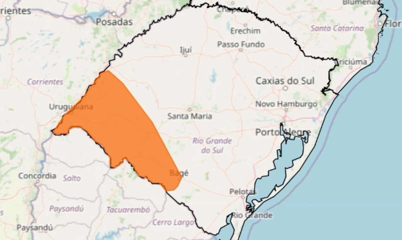 Trata-se de um alerta laranja para tempestade, ventania e granizo em parte do RS
