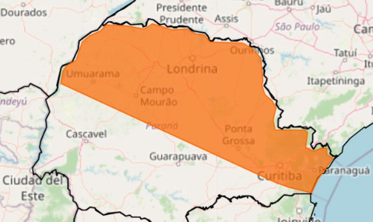 Trata-se de um alerta laranja para tempestade, ventania e granizo em parte do Paraná