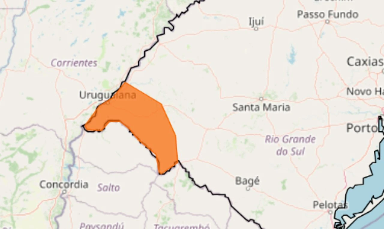 Trata-se de um alerta laranja para tempestade, ventania e queda de granizo em parte da região Sul