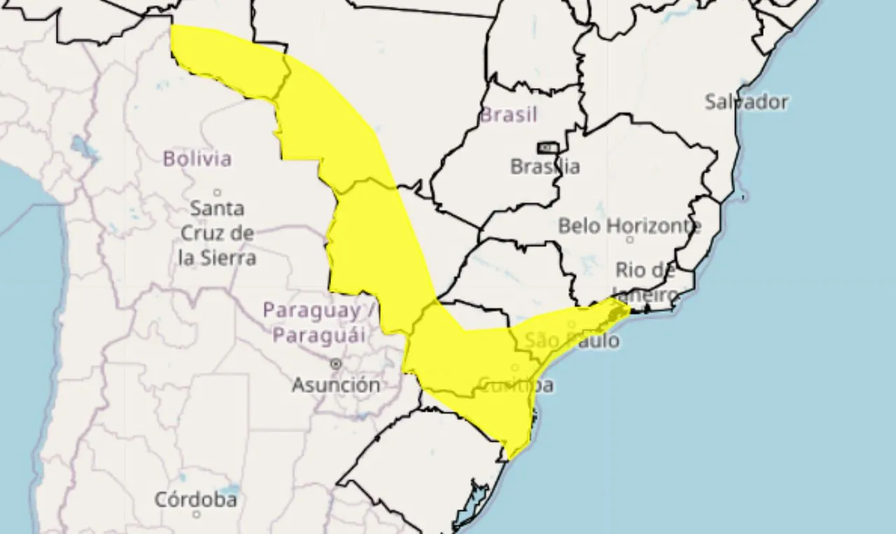 O mapa mostra as áreas em alerta para queda de temperatura 