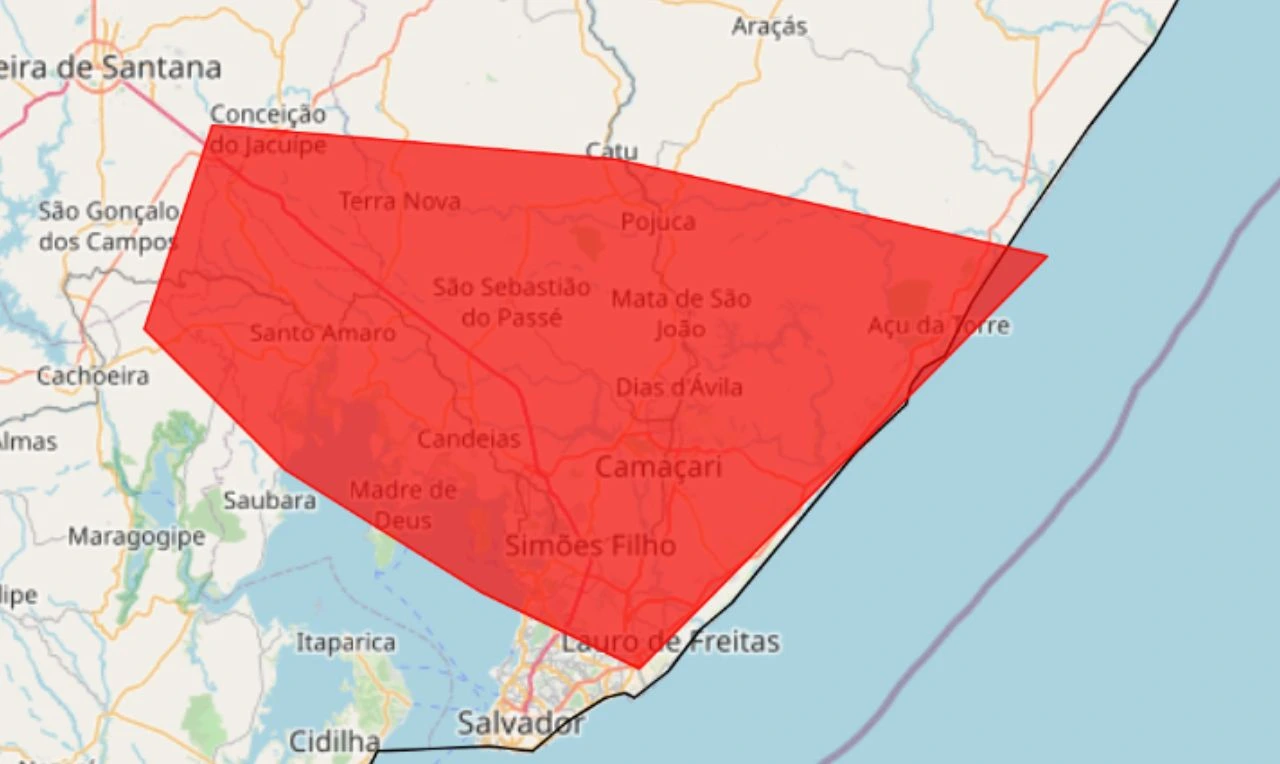 Trata-se de um alerta vermelho para acumulado de chuva em parte da Bahia