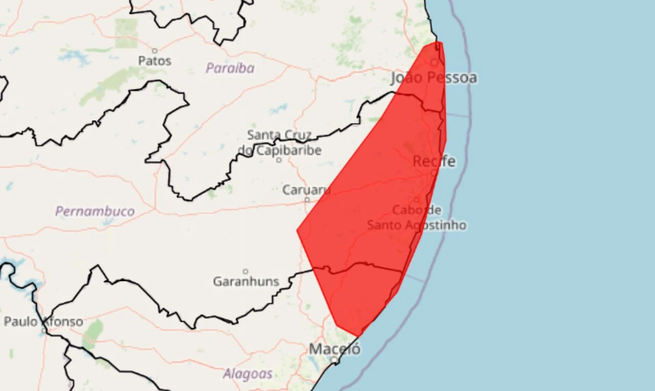 Trata-se de um alerta vermelho para acumulado de chuva, com grande risco de alagamentos e deslizamentos em parte do Nordeste