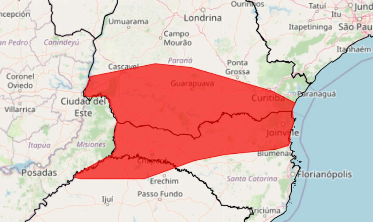Trata-se de um alerta vermelho para acumulados de chuvas e risco de alagamentos no Sul do país