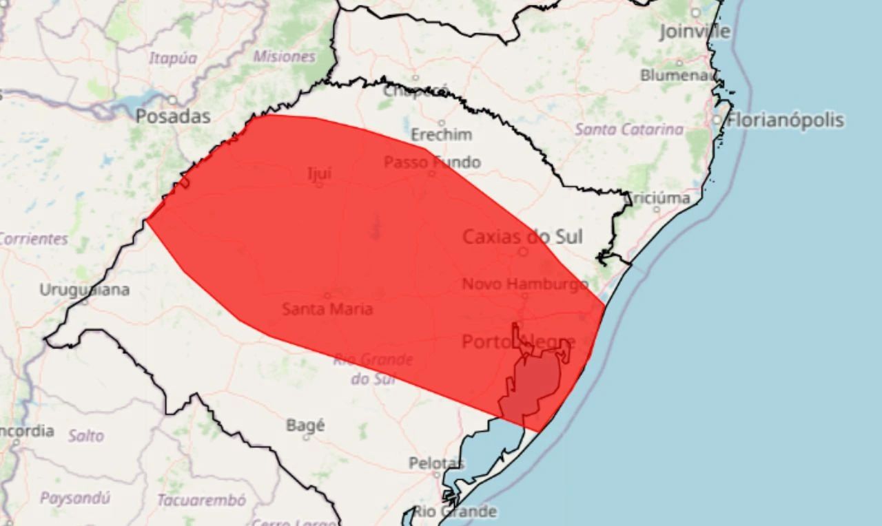 Trata-se de um alerta vermelho para acumulado de chuva em parte do RS