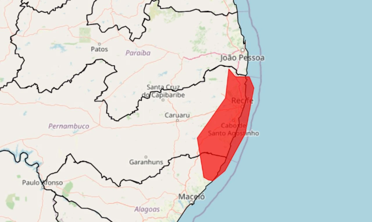 Trata-se de um alerta vermelho para chuva intensa e ventania em parte do Nordeste