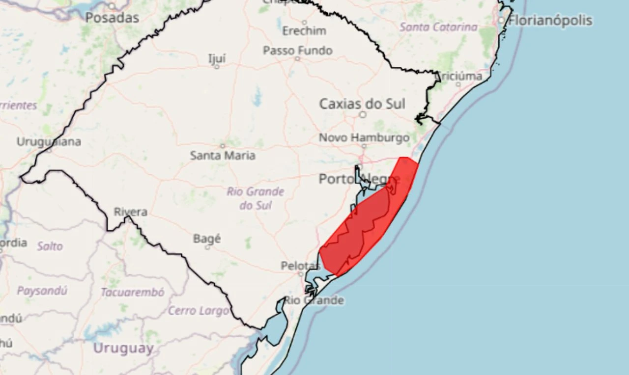 Trata-se de um alerta vermelho para vendaval em parte do Rio Grande do Sul