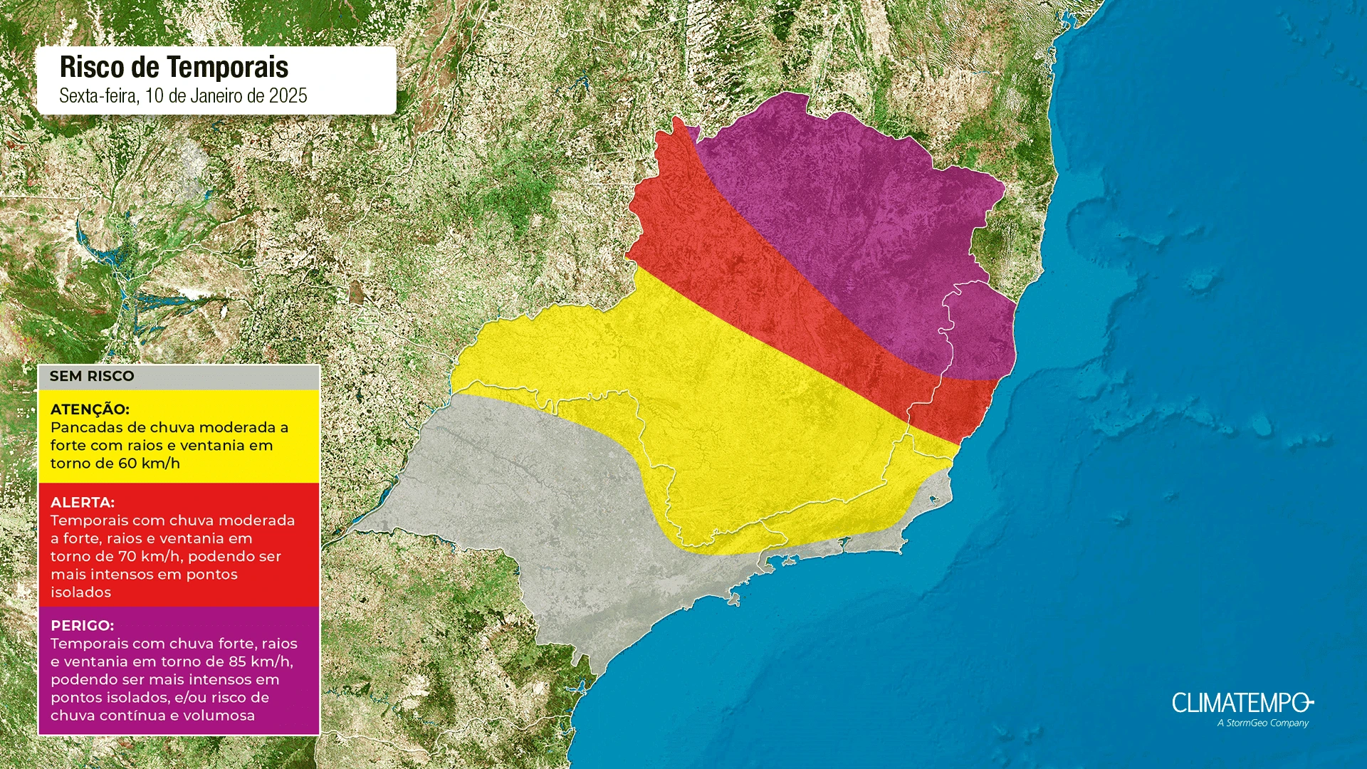 O mapa demonstra a chance de chuvas durante esta sexta-feira, 10 de janeiro