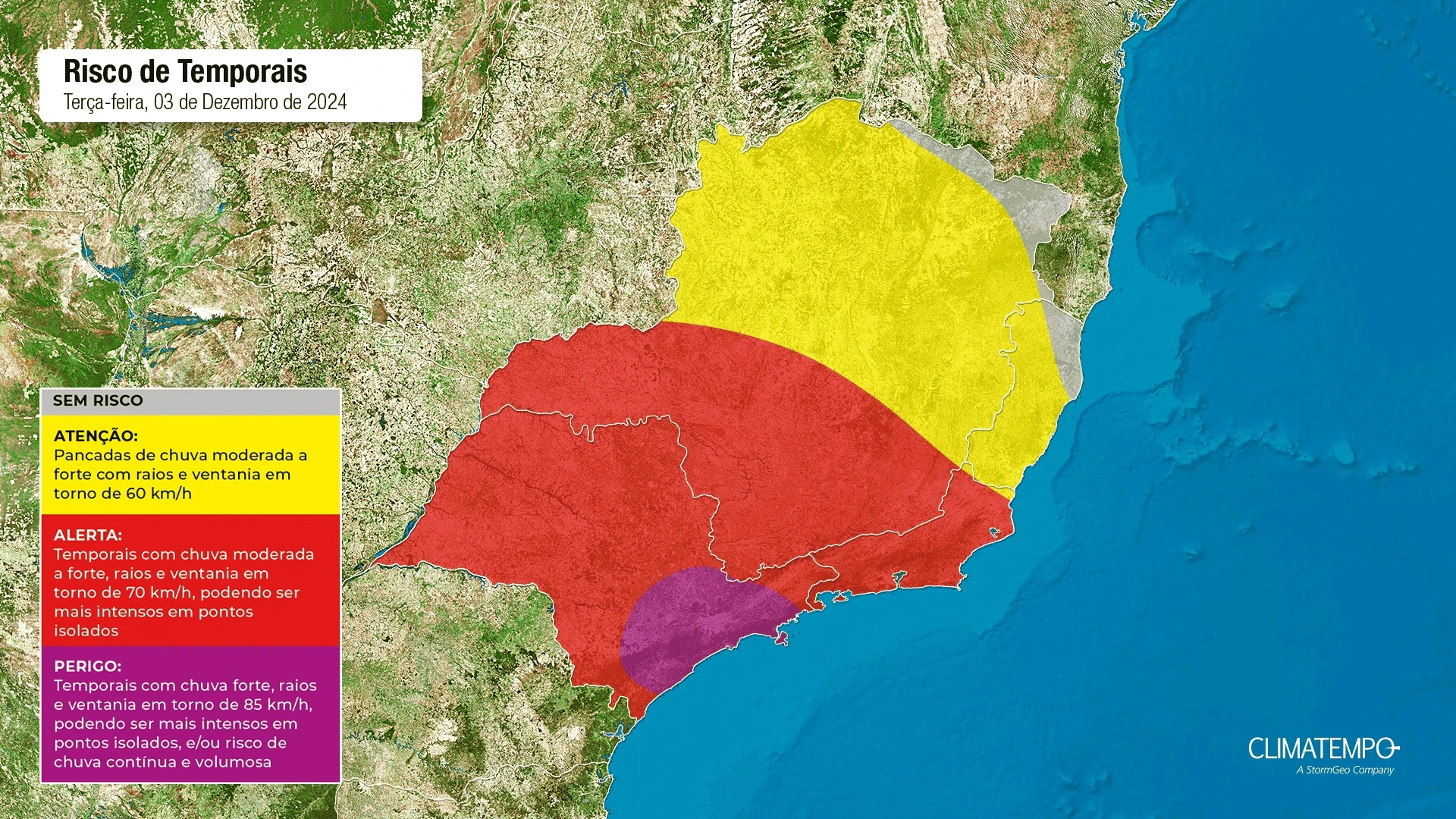 A imagem mostra mapa de risco de chuva na região Sudeste