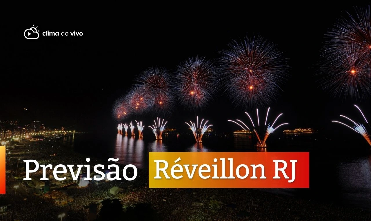 A imagem ilustra a cidade do Rio de Janeiro comemorando o Réveillon