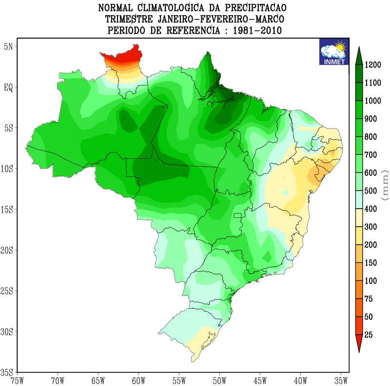 A imagem mostra um mapa para precipitação durante o verão de 2025