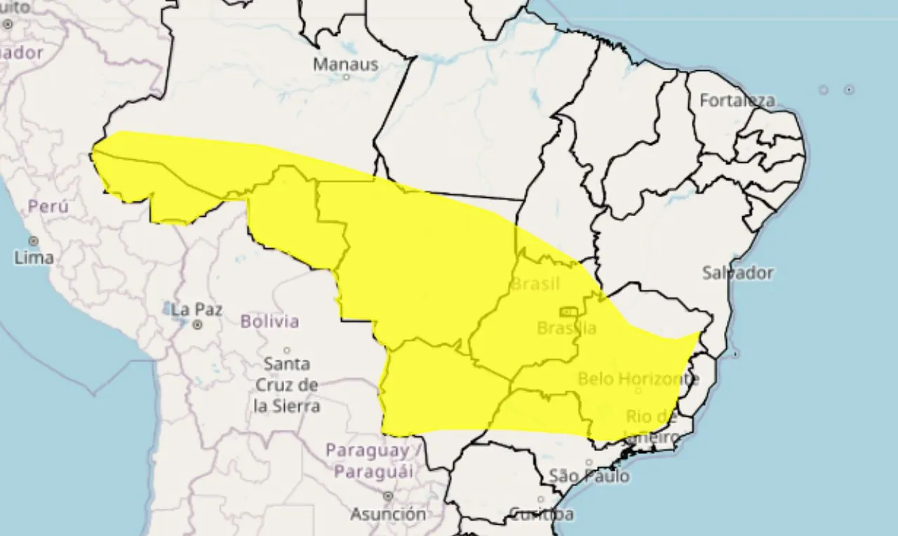 A imagem se trata das áreas em alerta para está segunda-feira e terça-feira, para chuva intensa e ventania 