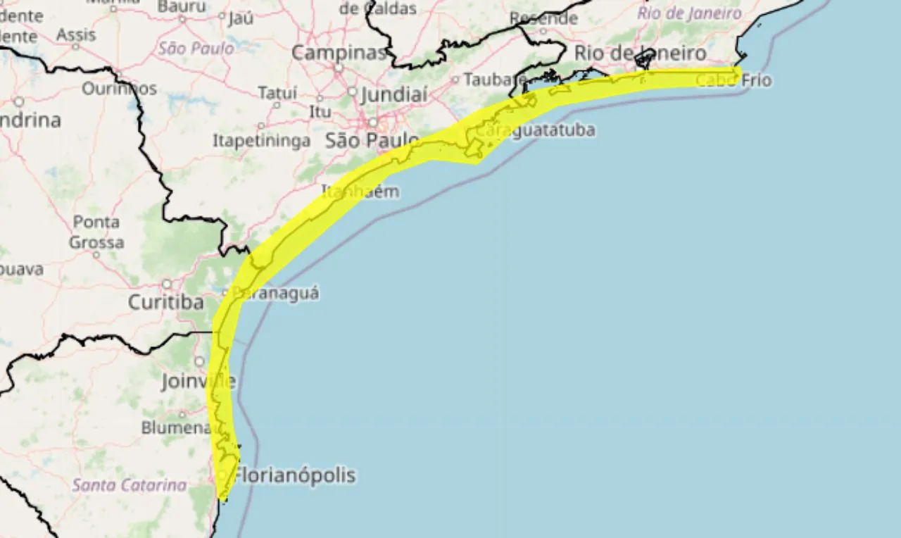 A imagem mostras as áreas em alerta para ventania