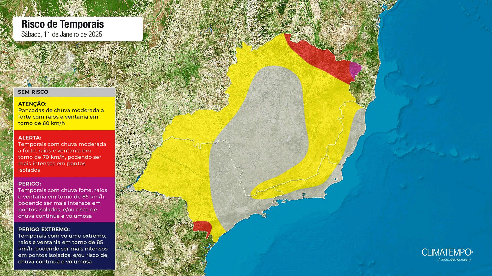 O mapa mostra as chances de precipitação na região Sudeste neste sábado, 11 de janeiro