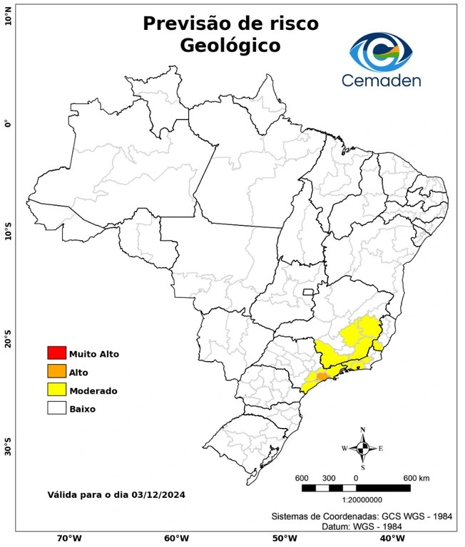 A imagem mostra um mapa de risco para deslizamentos na região Sudeste
