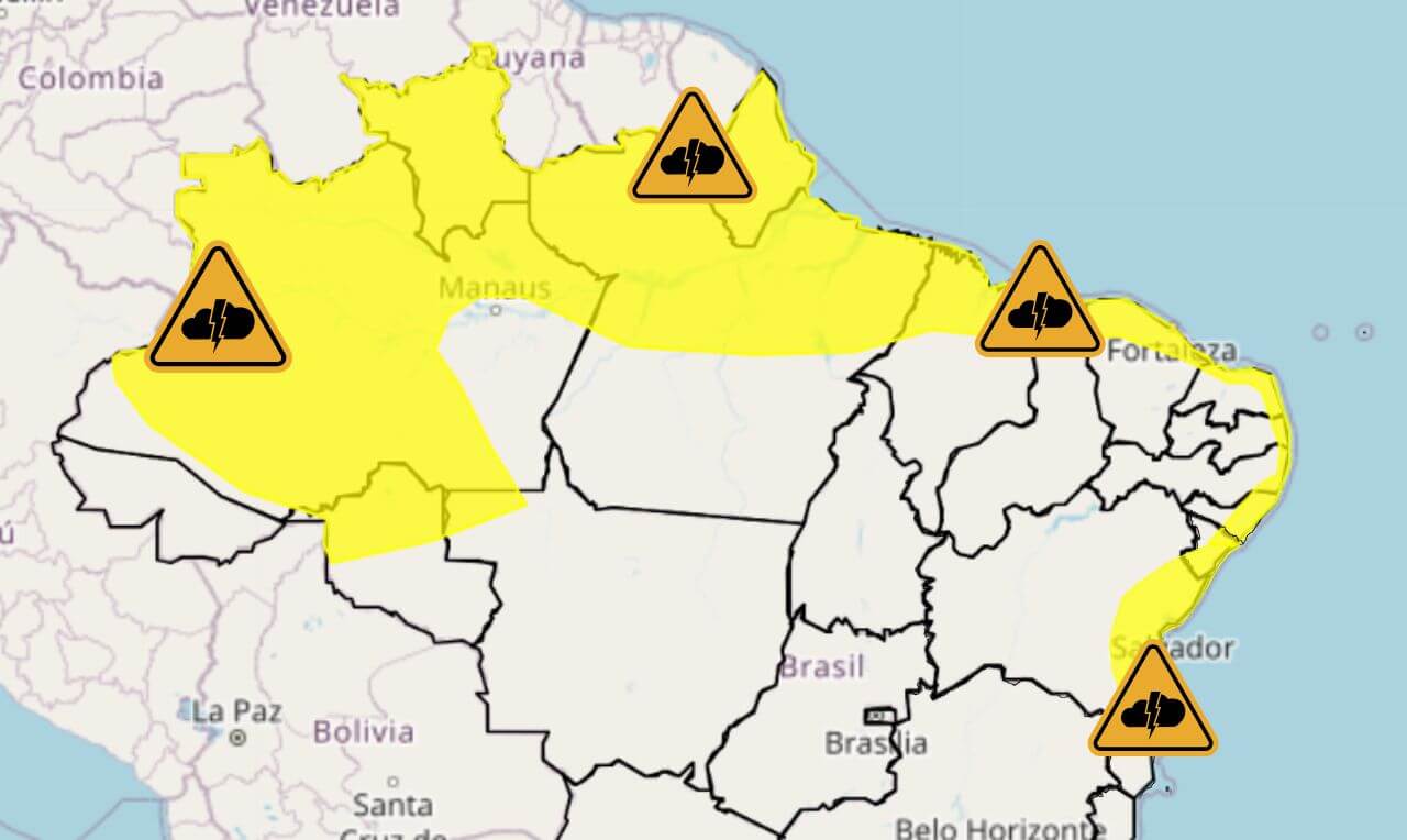 Alerta amarelo para chuva intensa, raios e ventos em partes do Norte, Nordeste e MT