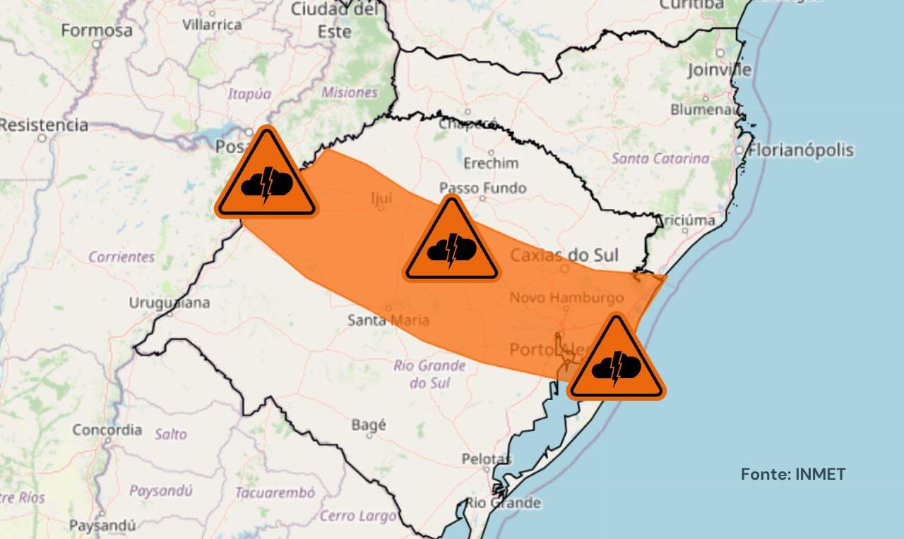 Alerta laranja para temporais, chuva intensa, raios e ventania em partes do Rio Grande do Sul e Santa Catarina