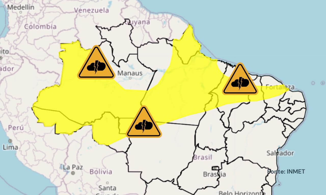 Alerta amarelo para temporais, chuva intensa e ventania em partes do Norte, Nordeste e Mato Grosso