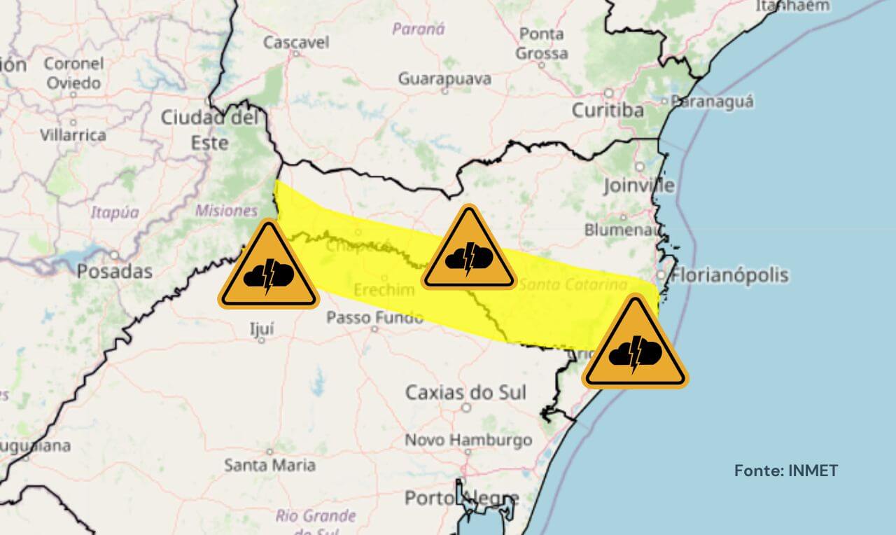 Alerta amarelo para chuva intensa, raios e ventania em partes do Rio Grande do Sul e Santa Catarina