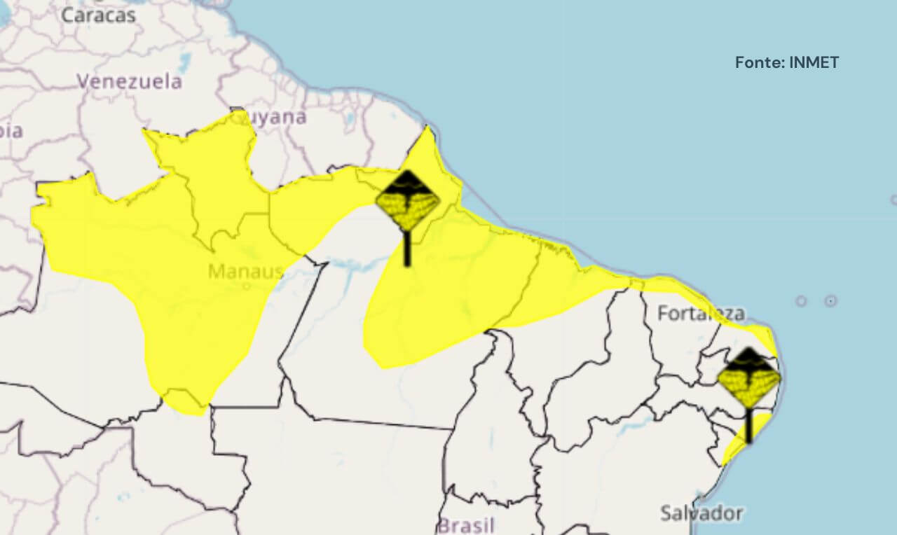 Alerta amarelo para chuva intensa, raios e ventos em partes do Norte e Nordeste