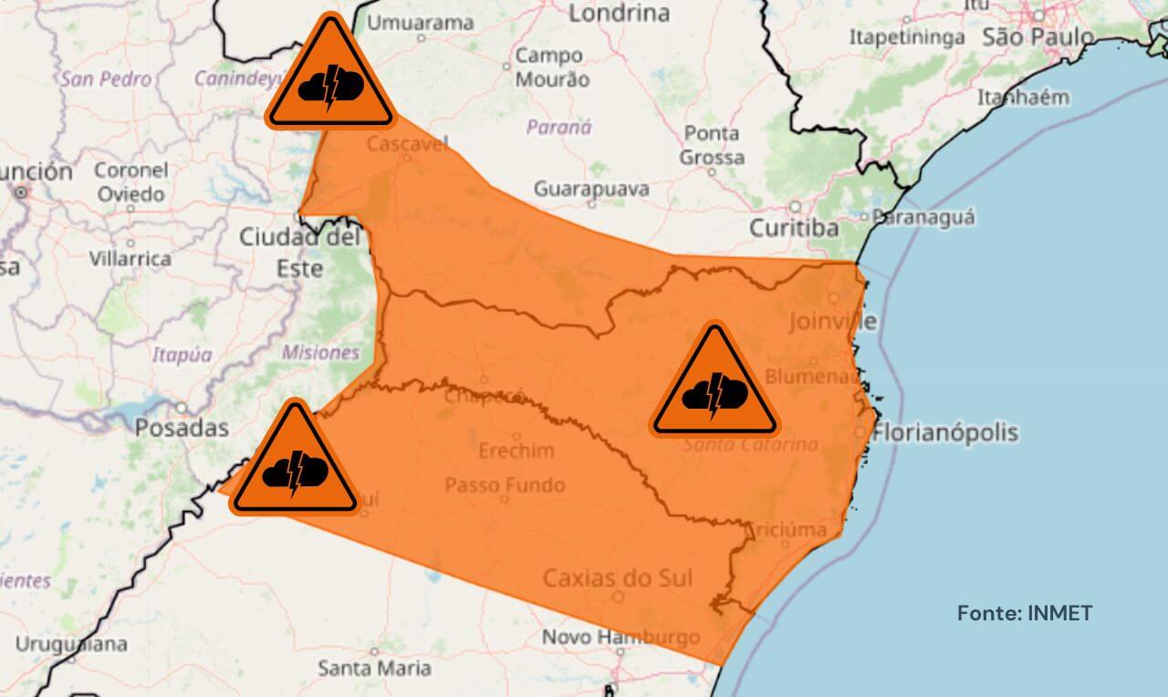 Alerta laranja para temporais severos, chuva intensa, raios e rajadas de vento em partes do PR, RS, SC e MT
