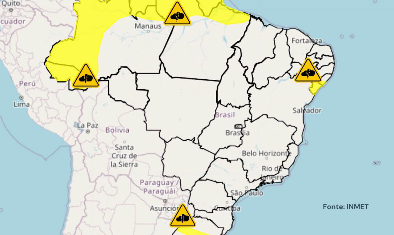 Alerta amarelo para temporais, chuva intensa e ventania em partes do Norte, SE, AL e RS