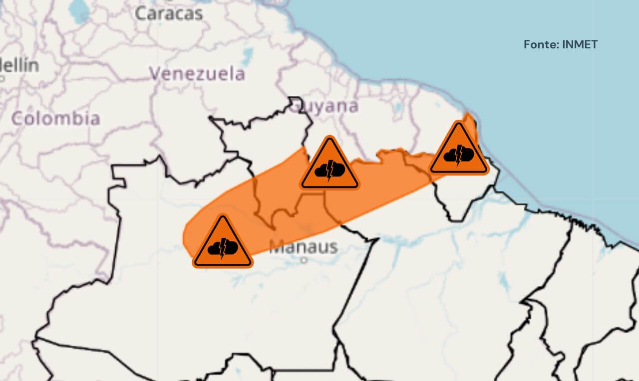 Alerta laranja para temporais, ventania e raios em partes do Norte do Brasil