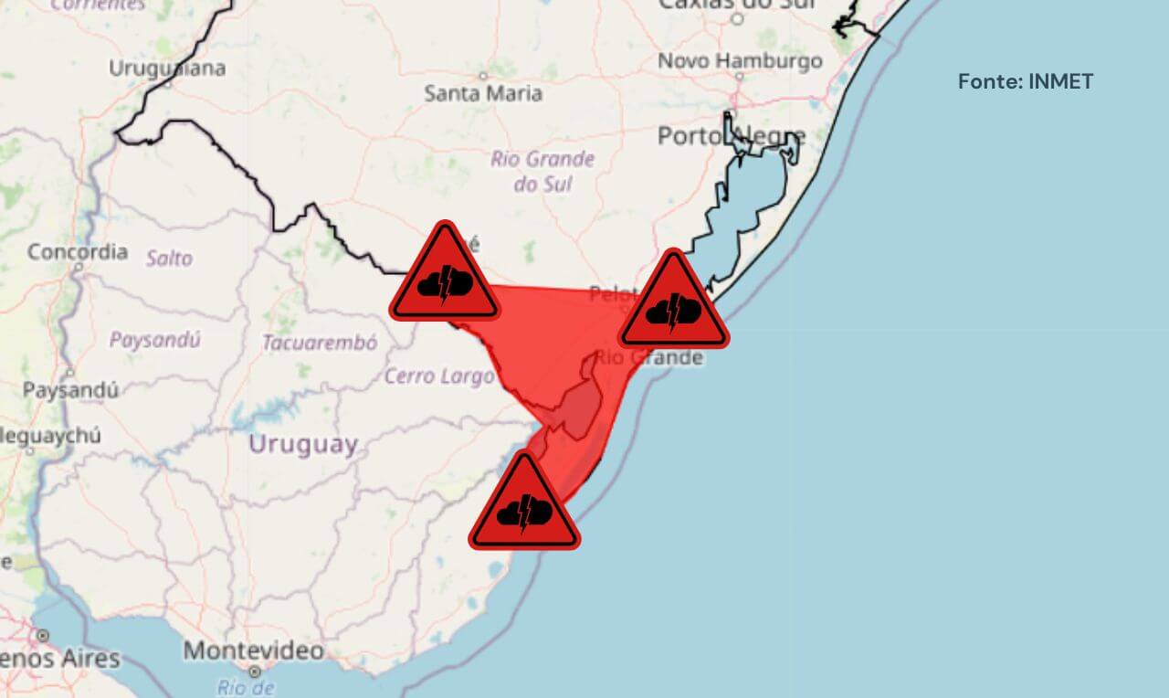 Alerta vermelho para tempestade, chuva intensa e rajadas de vento em partes do Rio Grande do Sul