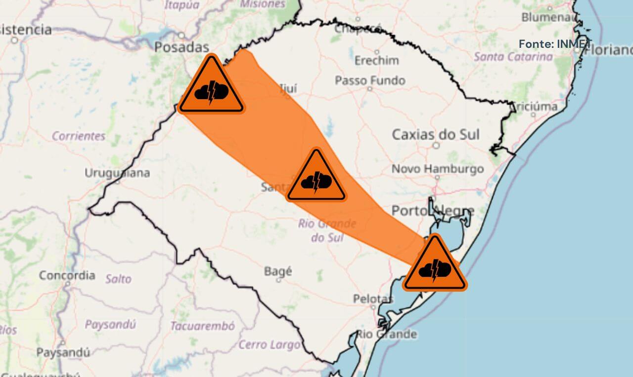 Alerta laranja para tempestade, raios, ventos e risco de granizo em partes do Rio Grande do Sul