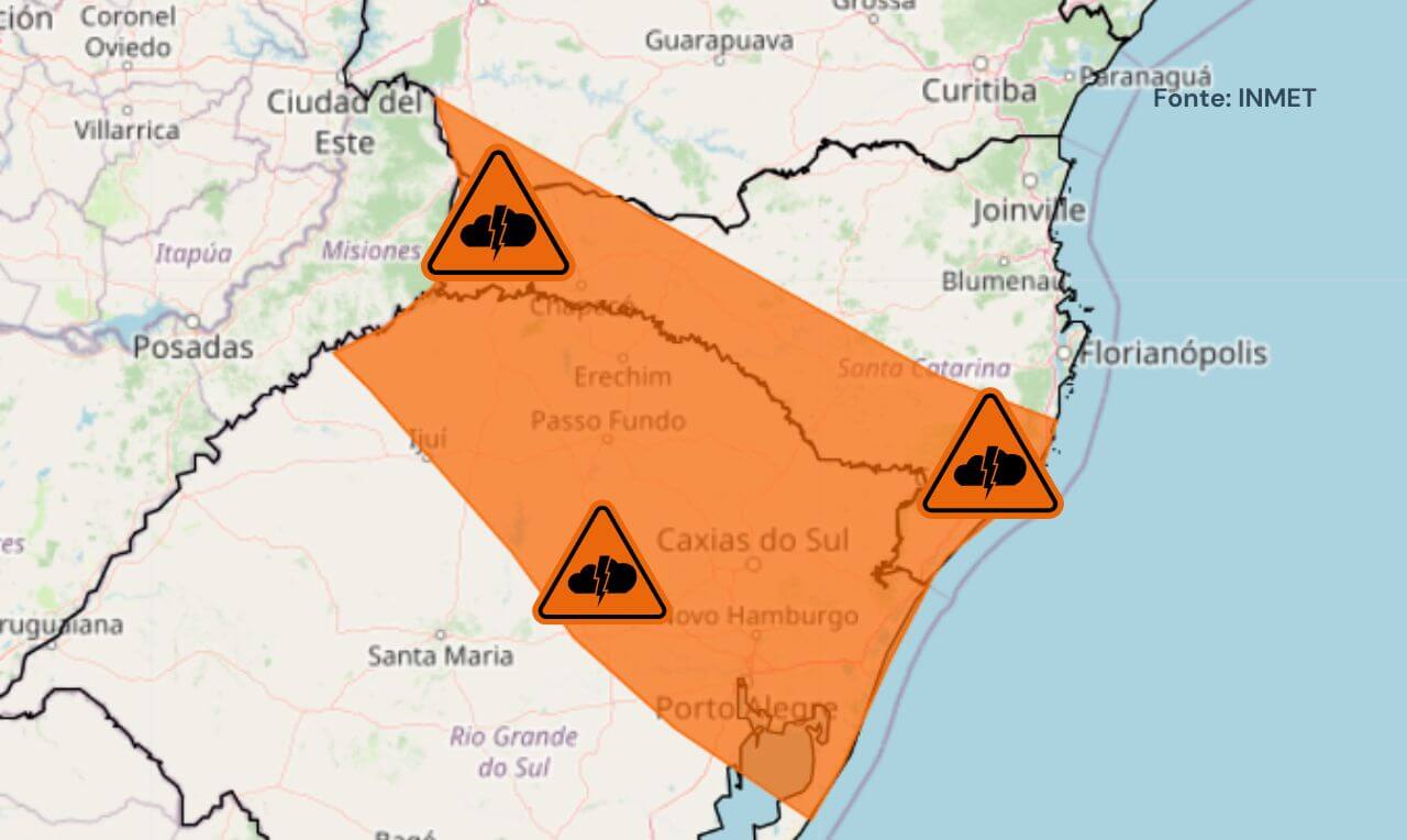 Alerta laranja para rajadas de vento que podem alcançar 100 km/h em partes do RS, SC e PR