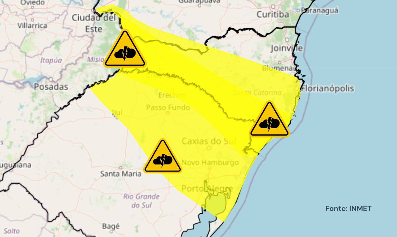 Alerta amarelo para temporais, chuva intensa e raios em partes do RS, SC e PR
