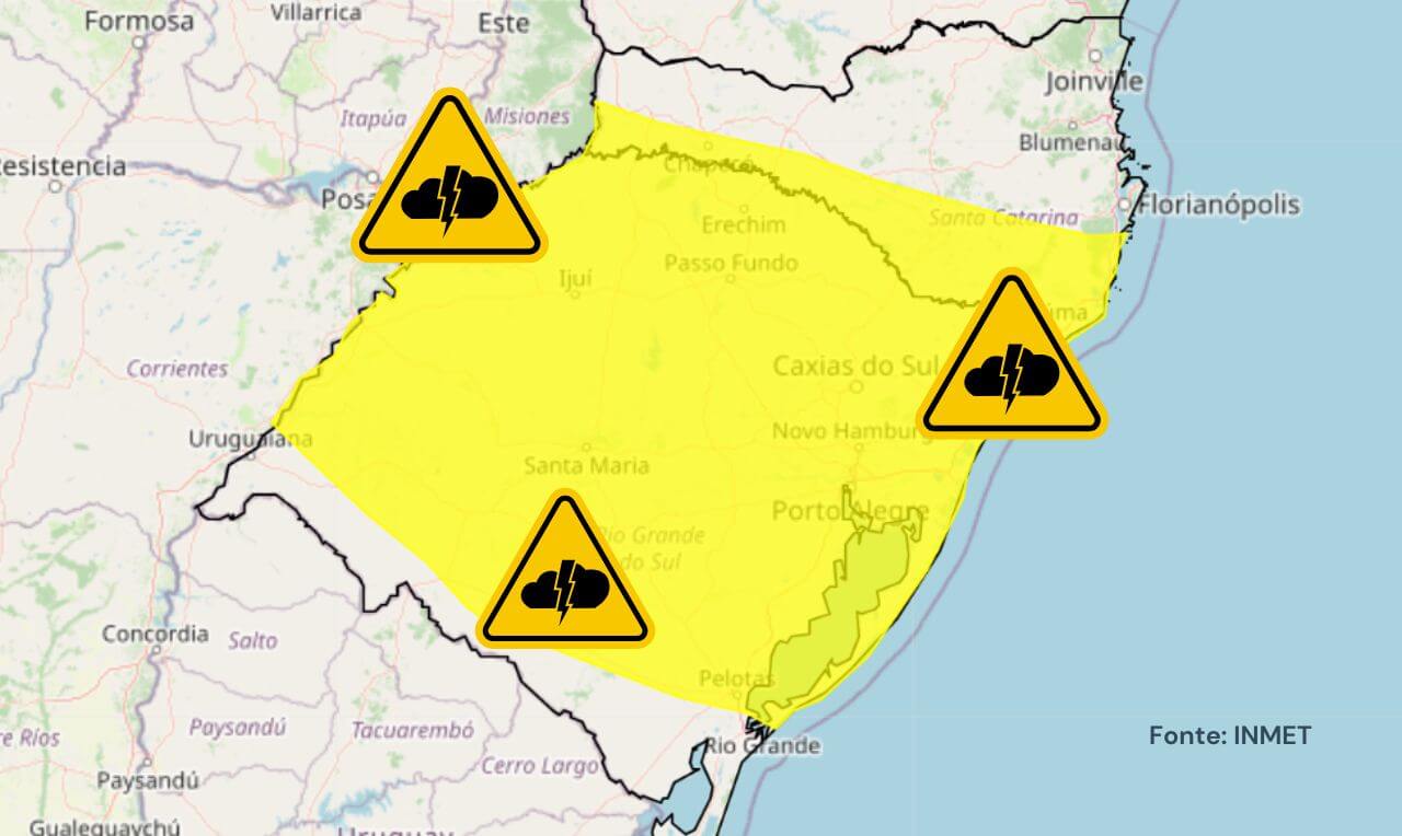 Alerta amarelo para temporais, chuva e ventos em grande parte do RS e partes de SC