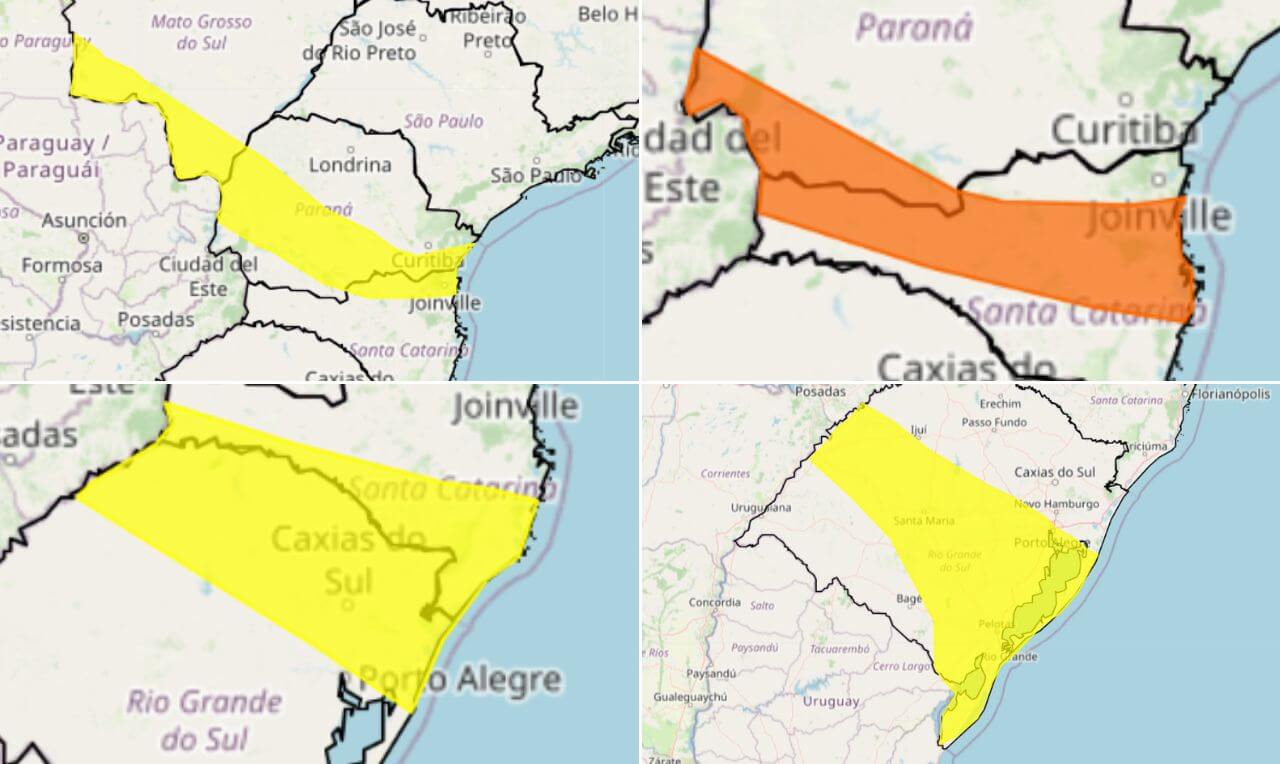 Chuvas intensas: Alerta laranja e amarelo para grande parte da Região Sul do Brasil